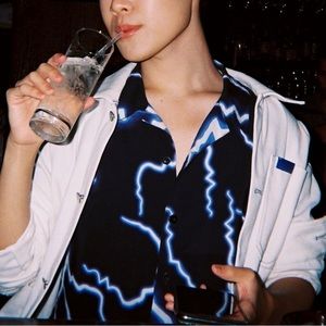 blue lightening bolt short sleeve button down / revere shirt        vintage feel